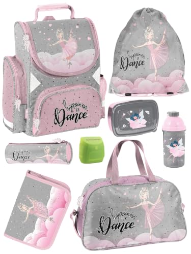 Familando - Schulranzen Set - 8-teilig mit Federmappe - Ballerina | Ergonomisch, stabil & mit gepolstertem Rücken - 1010g leicht - 18L Volumen - Mit Reflektoren - Für Grundschule ab 1. Klasse