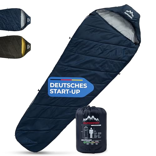 ALPENWERT® Schlafsack Sommer Ultraleicht & klein [15x27cm Packmaß] – Wasserabweisend, YKK Reißverschluss, Kältebrücke & Einklemmschutz – Perfekt für Camping & Festival (Marineblau/Grau innen)
