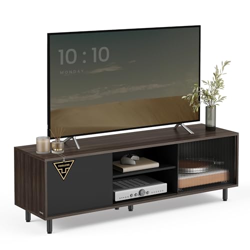 VASAGLE TV-Schrank Lowboard, Snapsemble – superschnelle Montage, Fernsehtisch für Fernseher bis 32/45/50/55/60 Zoll, Modernes Design, Wohnzimmer, Riffelglas, 140 x 39 x 45 cm, Schwarz LTV466K02