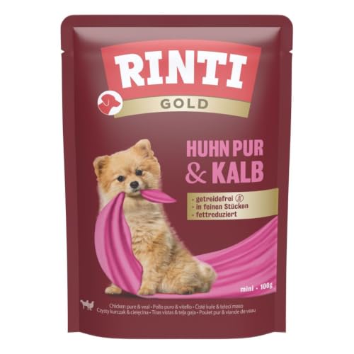 RINTI - Gold | Leicht verdauliches Nassfutter für kleine, ausgewachsene Hunde. Alleinfutter im Frischebeutel ohne Formfleisch, Soja oder künstliche Zusätze | 10x100g Huhn Pur + Kalb