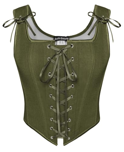 SCARLET DARKNESS Damen Renaissance Korsett Vintage Lace Up Corset Top Square Neck Corsage Mittelalter Korsett Oberteil Olivgrün 36