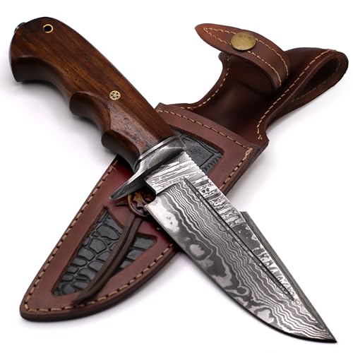 Messer Outdoor, Outdoor Messer, Halsmesser - Feststehende Klinge, 14 CM Damaststahl, Walnussholzgriff, Härte über 58 HRC, Lederscheide, Einfach zu schärfen, Schärfe bleibt erhalten, ca. 200 Lagen