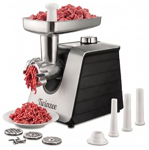 Twinzee - Elektrischer Fleischwolf mit Wurstfüller, Schwarz - Für Fleisch und Wurst - Küchenmaschine, Fleischwolf mit 3 Lochscheiben und 3 Wurstaufsätze