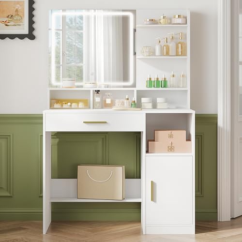 Hzuaneri Schminktisch mit Spiegel und LED-Licht, mit 3 Ablagen und 4 Offenen Fächern, Schminktisch mit Großen Schubladen und Schränken, 3 Fach Regulierbare Beleuchtung, Weiß DT42103XEU