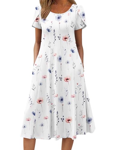 Zeagoo Kleid Damen Sommer Rundhals Sommerkleid Kurzarm Puffärmel Strandkleid Plissee Midikleid A-Linie Kleid mit Taschen Weiß Blumen L