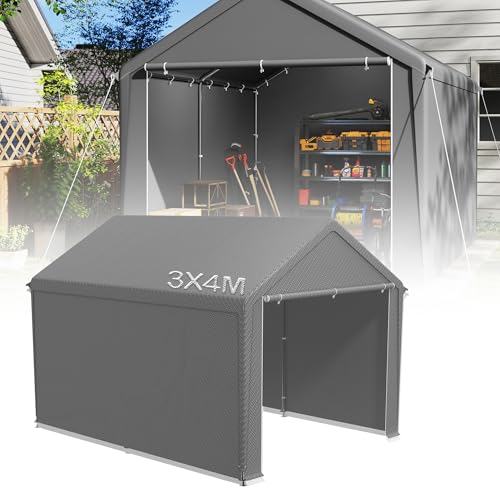 YRHome Lagerzelt 3x4 m mit PE-Dach Industriezelt PVC Wasserdichter Reißenresistenter Carport Garagenzelt für Auto, SUV, LKW, Boot&Mobile Lagerung-Grau