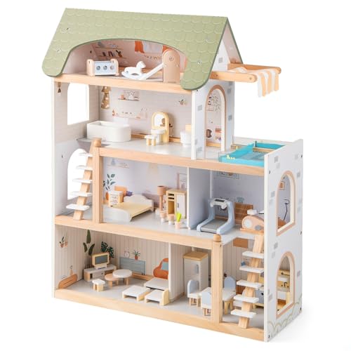 DREAMADE Puppenhaus Holz, 4-stöckiges Dollhouse mit 6 Zimmern & Terrasse mit Pool, mit 33 realistische Möbelstücken & 2 Treppen, Traumvilla für Kinder ab 3 Jahren (Grün)