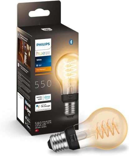 Philips Hue White E27 Filament Lampe (550 lm), dimmbare LED Standard Lampe für das Hue Lichtsystem mit warmweißen Licht, smarte Lichtsteuerung über Sprache und App, 1er Pack