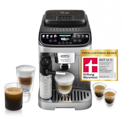 De’Longhi Magnifica Evo Next - Perfetto Kaffeevollautomat mit LatteCrema-Milchaufschäumer, 13 One-Touch-Getränke, Coffee- und Cappuccino Kaffeemaschine, farbiges Touch-Display, Titan (ECAM312.80.SB)
