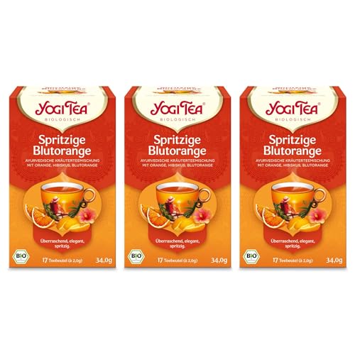 YOGI TEA Spritzige Blutorange, Ayurvedischer Bio Früchtetee mit Orange, Hibiskus und Blutorange, heiß oder kalt zu genießen, koffeinfrei, Yogi Tee 3er Pack, 3x17 Beutel (51 Teebeutel)