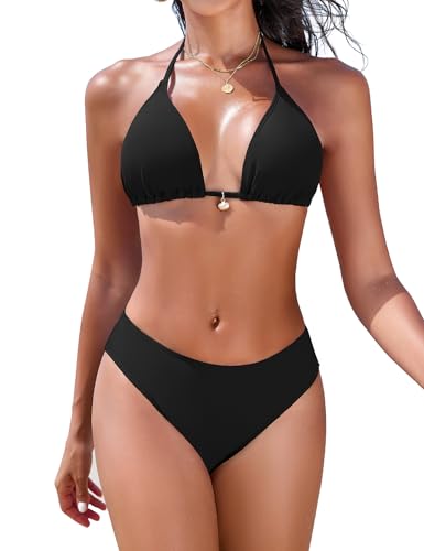 Nadeer Bikini Damen Set Triangel Bikini Sexy Neckholder Bikinioberteil Blumenmuster Push Up Zweiteiliger Badeanzug Niedrige Taille Bikinihose(Schwarz,XS)