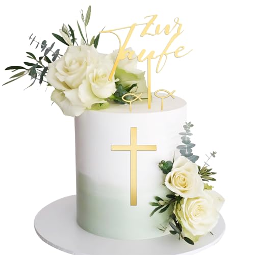 Honosen 4Pcs Tortendeko Taufe, Kreuz Cake Topper Taufe, Tortendeko Junge Mädchen, Acryl Gold Torte Deko, Fisch Kommunion Cupcake Topper für Babyshower Kuchen Dekoration