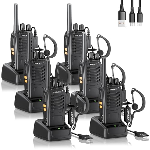 88E Walkie Talkies (6 Stück), Upgraded Version Lizenzfrei 16 Kanäle PMR446 Funkgerät, 3-5 km Reichweite Sprechfunkgerä, mit TPYE C Charging Cable & USB-Ladestation, Original Earpieces (6 Stück)