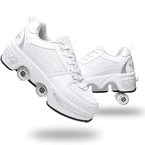 Roller Skate Shoes Rollschuhe Schuhe Mit Rollen Skateboardschuhe,Inline-Skate, verstellbar Damen Schuhe mit Rollen für mädchen (38, White Silver)