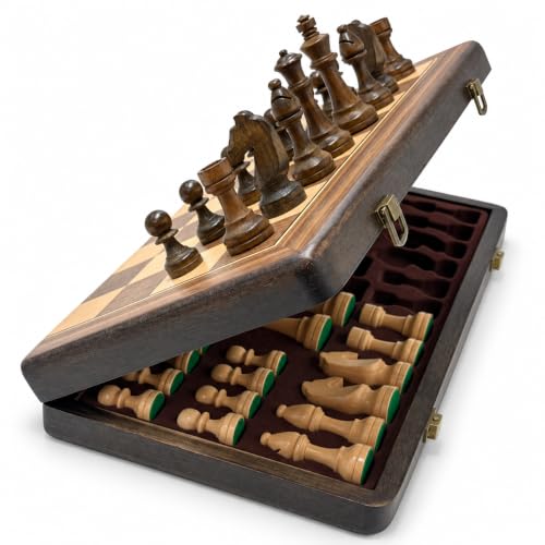 Magnetisches Schachspiel 15 Zoll (38 cm) – Klappbares Schachbrett aus Kautschukholz mit kaffeebraunen doppelseitigen Aufbewahrungseinlagen, 2 Ersatz-Damen & Staubschutzbeutel (Vintage)