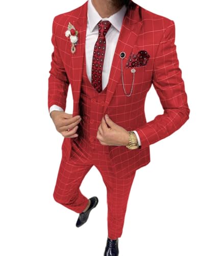 Solovedress Anzüge für Herren 3 Teilig Klassischer Karierter Herrenanzug Sakko Hose Weste für Hochzeiten und Geschäft (Rot,3XL)