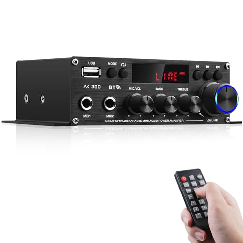 HiFi Stereo Verstärker Empfänger für Home Lautsprecher, AK-390 Bluetooth5.0 Mini Audio Amp 2.0 Kanal RMS 40W X 2 Audio Component Verstärker mit 12V/5A Adapter, FM Radio, (BT, USB, AUX, Mic) Eingang