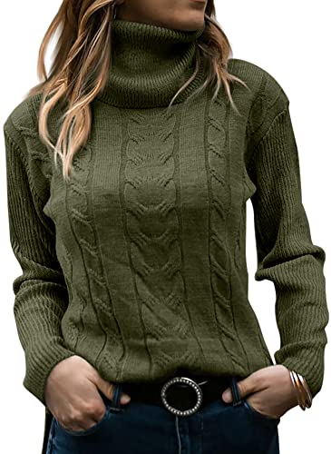 GeGekoko Pullover Damen Rollkragenshirt Cable Knit Elegant Langarm Tops Lose Grobstrick Casual Weich Jumper Sweater,Armeegrün,S