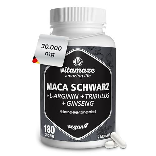 Vitamaze Maca Kapseln mit L-Arginin, Tribulus Terrestris, Ginseng, Zink & B-Vitamine, für Männer und Frauen, 180 vegane Kapseln, Made in Germany