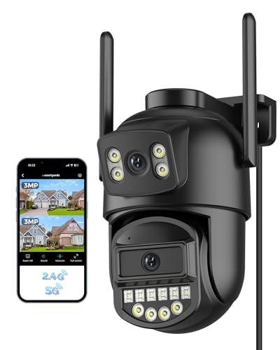 Reobiux Überwachungskamera Aussen,Mit Dual-Objektiv 6MP,2.4/5Ghz WLAN,Kamera Überwachung Aussen,360° PTZ,Ethernet,Farb-Nachtsicht,Zwei-Wege-Audio,Sirenenalarm,Kabel für Garage/Garten/haustür,IP66