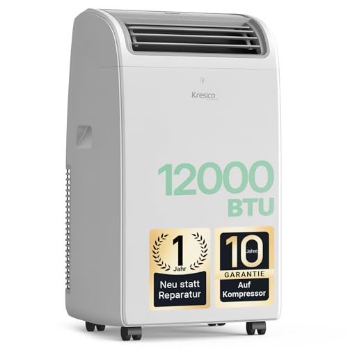 KresicoKlima Mobile Klimaanlage 12000 BTU, Klimaanlage mobil mit Abluftschlauch, Mobiles Klimagerät mit Abluftschlauch für Räume bis zu 43m²/120m³, Klimagerät mit Timer, R290, weiß