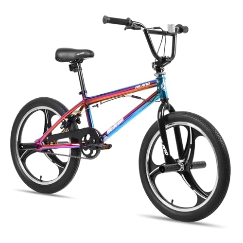 HILAND 20 Zoll 3 Speichen Kinder BMX Fahrrad für Jungen Mädchen ab 7 8 9 10 Jahre alt, 360 Grad Rotor Freestyle, 4 Pegs Single Speed Kinder BMX Fahrrad Regenbogen