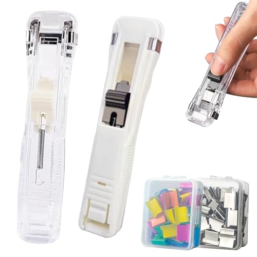 Miepkvl 2 Stück Klammernspender Clam Clip Dispenser mit 100 Stück Wiederverwendbare Heftklammern, Push Clamp Stapler Holder, Creative Stapler Mini Push Hefter Set für Büro Home Schulbedarf (A)