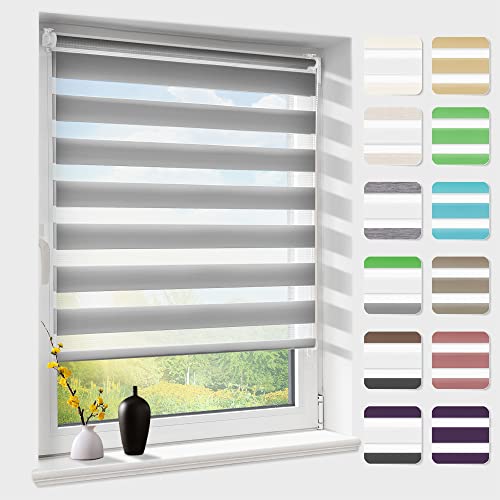 Doppelrollo klemmfix ohne Bohren, Duo Rollos für Fenster & Tür mit Bohren, Version 2026 Grau B41 x H150cm (Stoffbreite 41 cm), Fensterrollo lichtdurchlässig & verdunkelnd, Klemmrollo Sonnenschutz