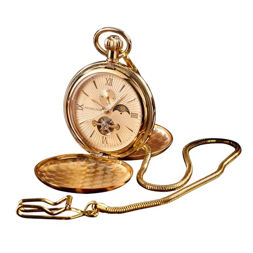 Wesseldon Automatik-Taschenuhr Esprit du Temps – Goldfarbenes Metall, Sprungdeckel, Mineralglas, 24 Stunden/Tag-Nacht-Anzeige, Stundenindizes, Fluoreszierende Zeiger