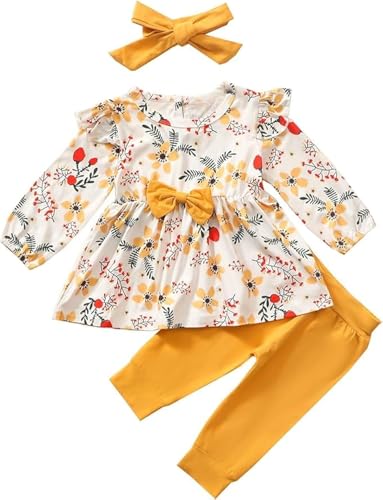 Juflam Baby Mädchen Kleidung Bow Floral Rüsche Langarm Top+ Hosen+Stirnband 3Pcs Bekleidungssets (12-18Monate)