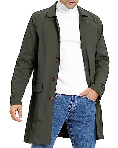Feziakuk Herren Trenchcoat Einreihig Lang Mantel Leichter Revers Herbst Winter Jacke Übergangsjacke, Armeegrün L