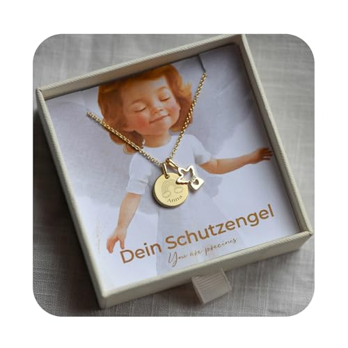 Schutzengel Kette für Mädchen personalisiert mit Gravur Symbol & Namen Gold (Silber 925 vergoldet) | Kinder Halskette mit Engel-Anhänger | Taufkette Geschenk zur Taufe Kommunion Einschulung Patenkind