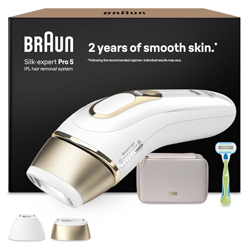 Braun IPL Silk·expert Pro 5 – IPL Geräte Haarentfernung, Dauerhafte und Schmerzfreie Haarentfernung für Zuhause – inkl. Etui, Venus Rasierer, 2 Aufsätze, Designed In Germany – PL5152, Weiß/Gold