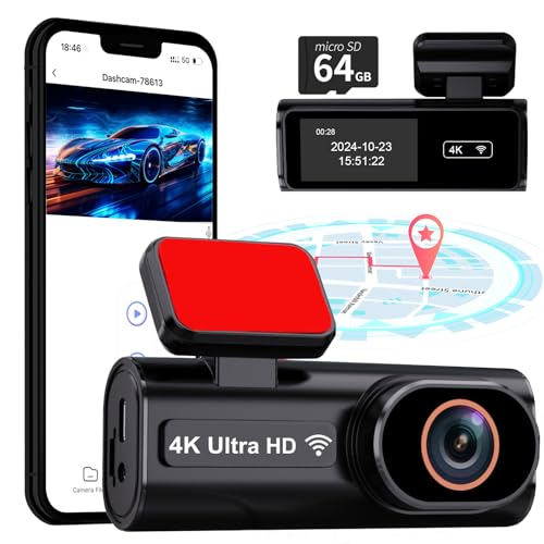 Dashcam Auto Vorne Hinte, 4K+1080P Dual Kamera mit 5GHz WLAN GPS und 24/7 Parküberwachung für maximale Sicherheit durch ADAS Nachtsicht & 170° Weitwinkel - Inkl. 64GB SD Karte