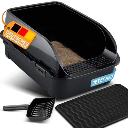 CROPLAS Katzenklo offen hoher Rand, Katzenklo ohne Deckel, Katzenklo groß, offenes Katzenklo, Katzentoilette offen mit Katzenklo Matte & Katzenklo Schaufel,Cat Litter Box,Katzen klo, Katzenklo schwarz