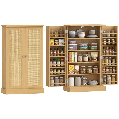 HOMCOM Küchenschrank, Mehrzweckschrank mit 2 Türen, Verstellbaren Ablagen Vitrinenschrank mit Rattanoptik, 12 Gewürzfächern Beistellschrank für Wohnzimmer, Küche 60 x 30 x 104 cm