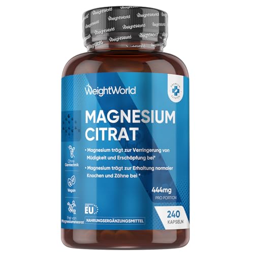 Magnesiumcitrat Kapseln gepuffert - 444mg Elementares Magnesium pro Portion - 240 vegane Kapseln - 4 Monate Vorrat Magnesium trägt zur Verringerung von Müdigkeit & Erschöpfung bei (EFSA) - WeightWorld