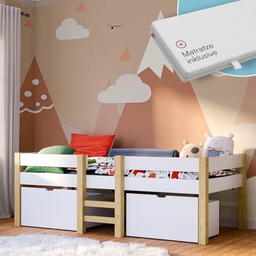 Bellabino Aspy Kinderbett 90x200 cm – Hochbett mit Matratze, 2 Schubladen, Rausfallschutz & Lattenrost – Halbhochbett mit Leiter aus Kiefer Massivholz in Weiß/Natur – Jugendbett mit Stauraum