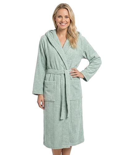 LAYNENBURG Bademantel Damen Frottee aus 100% Baumwolle – OEKO TEX Standard – weicher Morgenmantel langmit Kapuze, Bindegürtel und aufgesetzten Taschen – ideal für Sauna & Zuhause (XL mintgrün)