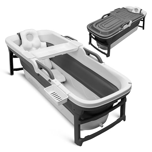 SereneLife Faltbare Badewanne Erwachsene - Mobile Badewanne - 150 cm mit LED Spa-Beleuchtung - Klappbar für Innen- und Außenbereich - Komplettset inkl. Zubehör, Dunkelgrau