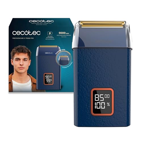 Cecotec PrecisionCare X-Trimm Pro Rasierer mit Klingen, Gehäuse aus Leder, Motor 9000 U/min, 3 Geschwindigkeitsstufen, Titanklingen, LED-Display mit Akku und U/min, Laufzeit 2 Stunden, Deckel