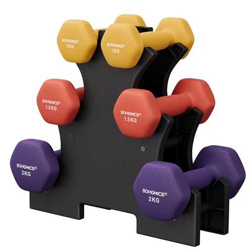 SONGMICS Kurzhantel Set, Hexagon, mit Hantelständer, 2 x 1 kg, 2 x 1,5 kg, 2 x 2 kg, mattes Finish, Neopren-Beschichtung, Krafttraining, zu Hause, limettengrün, gelb, orange und lila SYL69BK
