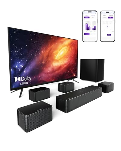 ULTIMEA 7.1 Surround Sound System für TV mit Dolby Atmos, App Steuerung, 4 kabelgebundene Surround-Lautsprecher, 460W Soundbar für Smart TV mit Wireless Subwoofer, Heimkino Sound System, Poseidon D80