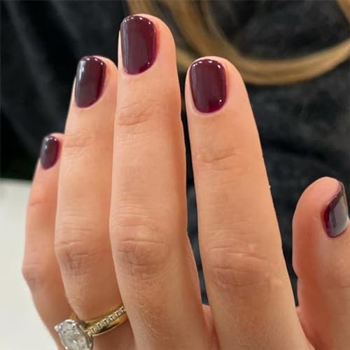 24 Stück Nägel zum Aufkleben Kurze - Glänzend Reine Farbe Press on Nails - Fingernägel zum Aufkleben Acryl Full Cover Künstliche Nägel für Frauen Mädchen Nail Art Maniküre (Dunkelrot)