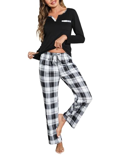 Bresdk Pyjama Damen Schlafanzug Lang Winter Langarm Baumwolle Nachtwäsche Kariert Schlafanzüge Schwarz L