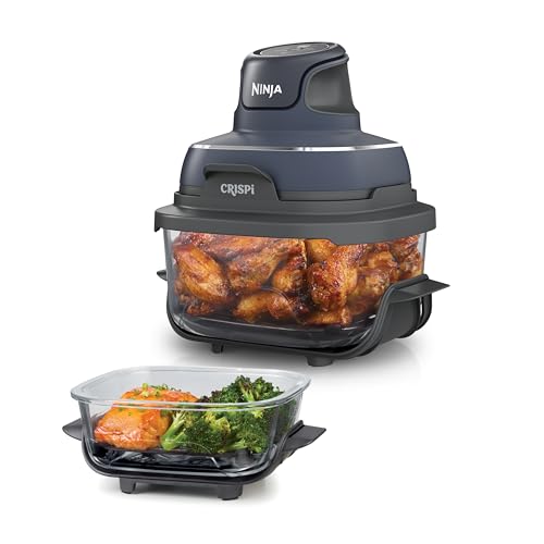 Ninja CRISPi tragbare Air fryer Heißluftfritteuse, 3,8 l, 4-in-1: Heißluftfrittieren, Braten, Warmhalten, Recrisp, kompakt, 6 Portionen, 2x herausnehmbare Glasbehälter & Deckel, 1700W, Grau FN101EUGY