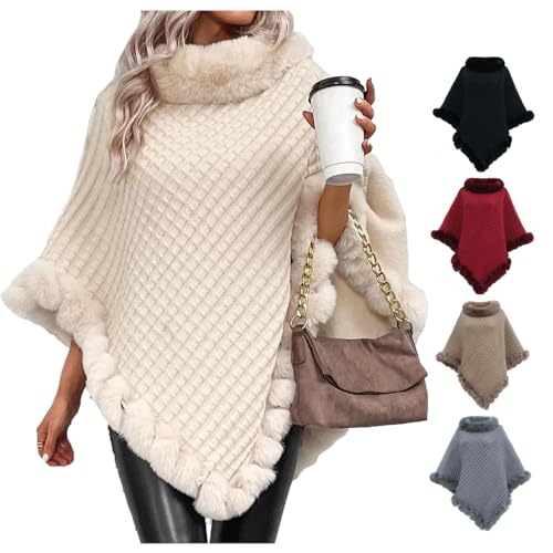 MAOAEAD Poncho mit Kunstfellbesatz, eleganter Cape-Mantel mit Kunstfellkragen und Besatz, Winter, warm, gestrickt, Stola, Schal für Damen, khaki, Length: 80cm