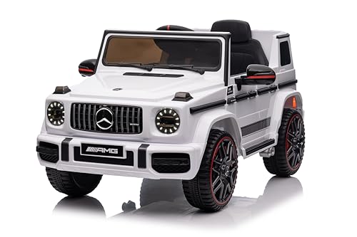 LEADZM Kinder Elektroauto Mercedes G63, 4 stoßdämpfende Räder, 12V 7ah, Fernbedienung, Kinderauto Kinderfahrzeug (Blanc)
