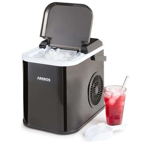 Arebos Eiswürfelmaschine 12 kg/24h | Ice Cube Maker R600a | 8 Eiswürfel in 10 Min | 1,1L Tank | Selbstreinigend & Leise | inkl. Schaufel & Behälter | Eiswürfelbereiter mit Sichtfenster | Schwarz
