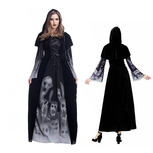 RIRIDAMAI Halloween Kostüm Damen Kleid Lang, Sensenmann Kleidung mit Umhang Kapuze, Schwarze Geisterbraut Abendkleid Erwachsene für Allerheiligen Party Maskerade Cosplay Karneval Rollenspiel